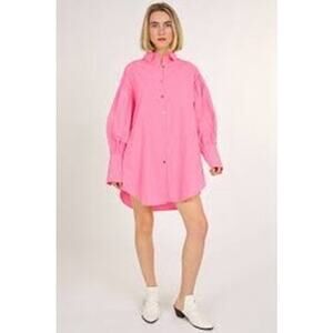 NWT BEULAH Style Floyd Billow Sleeve MINI SHIRT DRESS One Size Pink Gold